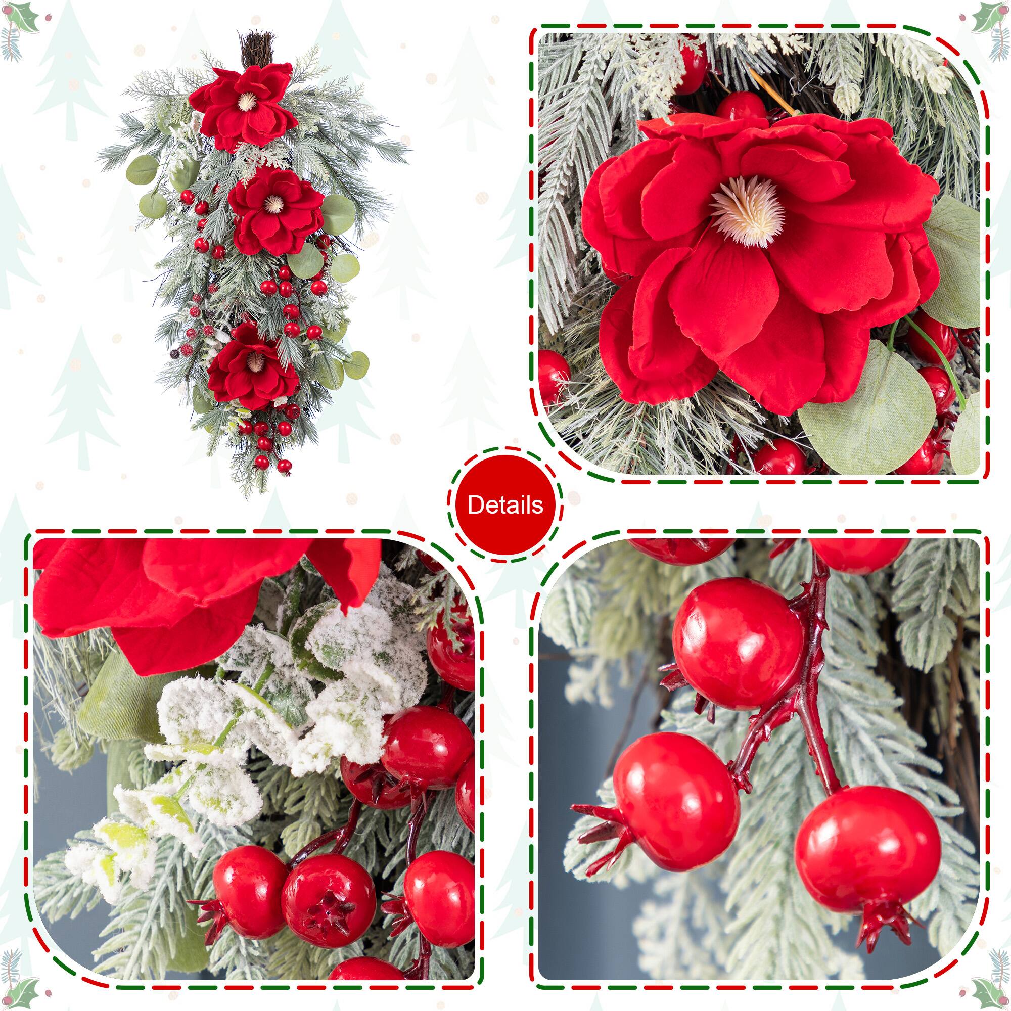 Glitzhome® 28"H Christmas Red Mangnolia & Berry Teardrop